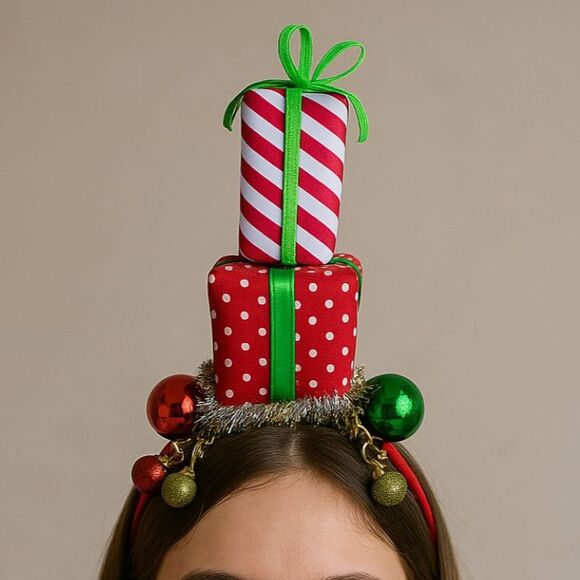 Festive Christmas Gift Box Headband for All Ages Holiday Accessory w/ Ornaments - Picture 1 of 4